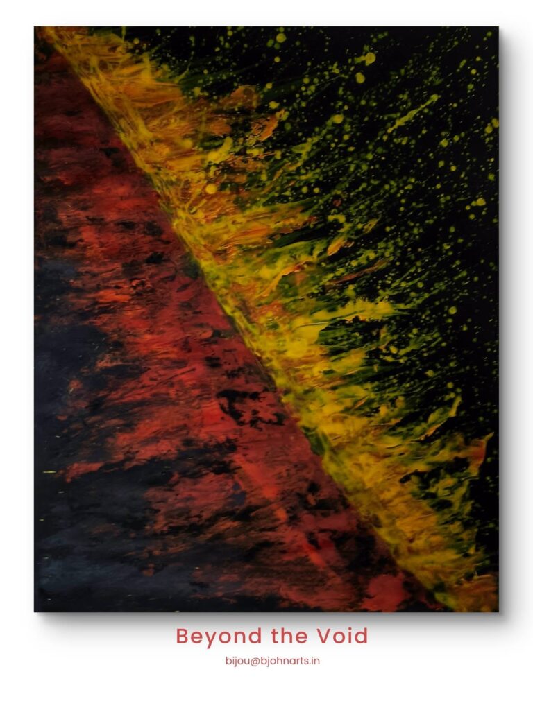 A natural evolution of The Unconscious Blueprint, taking the exploration of hidden structures and inner landscapes a step further. This piece captures the moment dynamic energy breaks through the silence of darkness — deep charcoal and crimson foundations act as terrestrial weight, from which a luminous, upward surge of electric yellow emerges. 