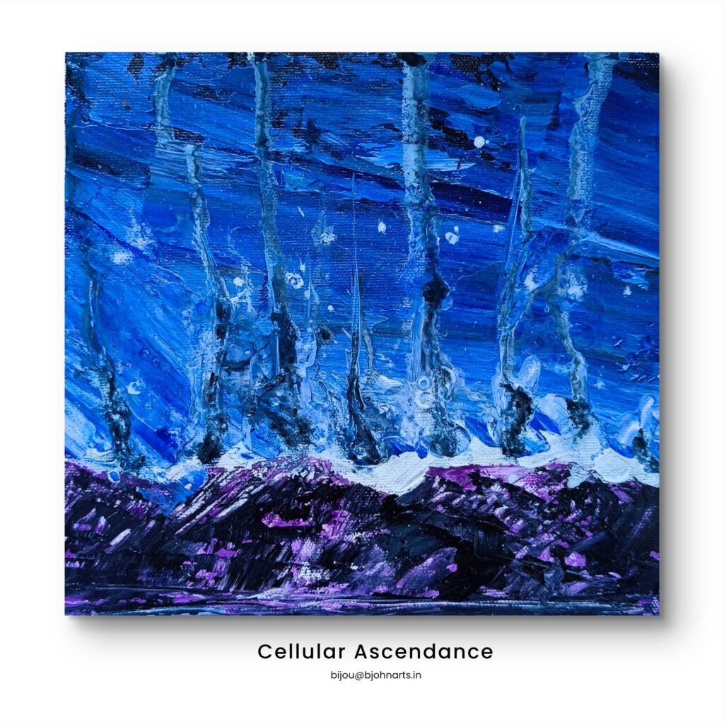 A pure acrylic study built entirely wet-on-wet, where gravity and chemistry did the final storytelling. A rugged mountain ridge was sculpted at the base with a palette knife, using a hand-mixed Prussian blue and violet in place of tube-black for a deeper, more vibrant tone. Above it, a gradient of Prussian blue, ultramarine, cobalt, and titanium white was blended directly on the canvas. Water and a tilt of the canvas sent the pigment bleeding upward against gravity, and a final mist of alcohol triggered a surface-tension reaction — leaving a delicate, cell-like network shimmering across the surface. From controlled chaos to fluid, atmospheric order.