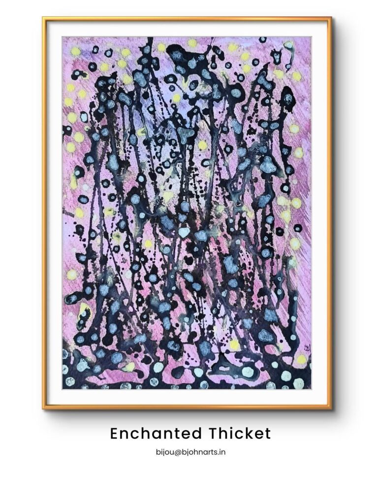 A small-format study built entirely on patience and precise layering. A textured, atmospheric background wash was laid first, followed by heavy, organic black spray architecture once it had fully set