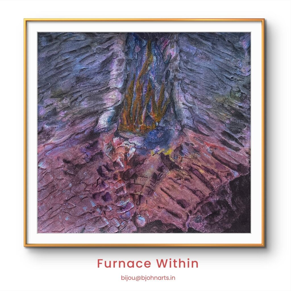 Every piece starts with controlled chaos — a flood of raw, fluid energy on the canvas before structure begins to reveal itself. This piece explores internal pressure, resilience, and the slow crystallization of order out of a fiery, chaotic mindscape. A view from the subterranean hearth.