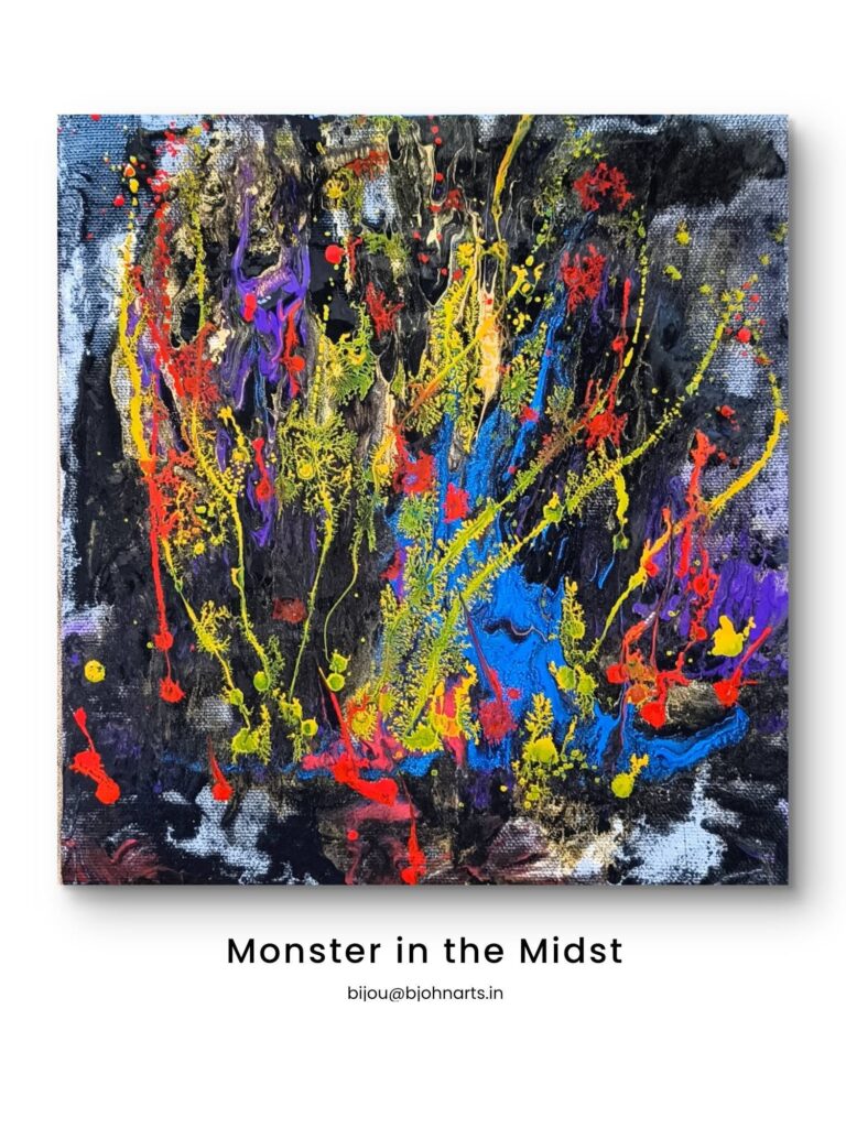 Built from a race against time and a bit of chemical alchemy — metallic acrylics laid down first, then a quick spray of water followed by acrylic ink injected by syringe before it could dry. Too much water and the piece would have been ruined; instead, the interaction carved out a striking, chaotic depth with a hidden energy at its center. Can you find the monster in the midst? Minscape with Layers of Impulse