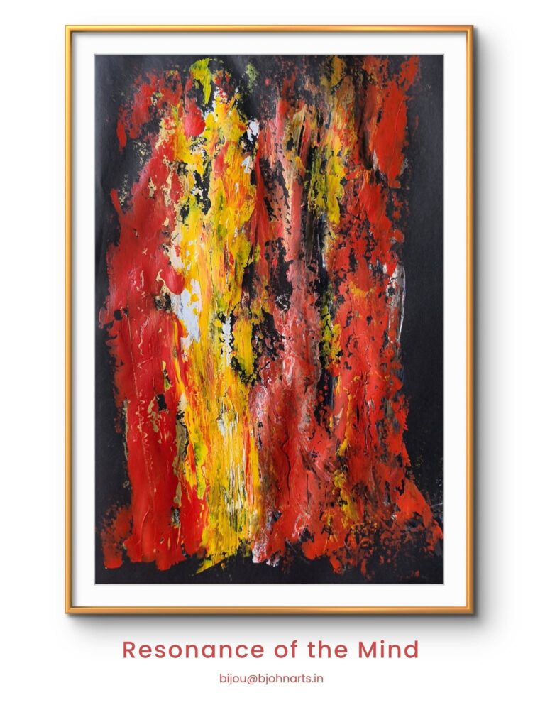 An energetic burst of color and thought waiting to take form. Luminous yellows and fiery reds represent the flow of inspiration,