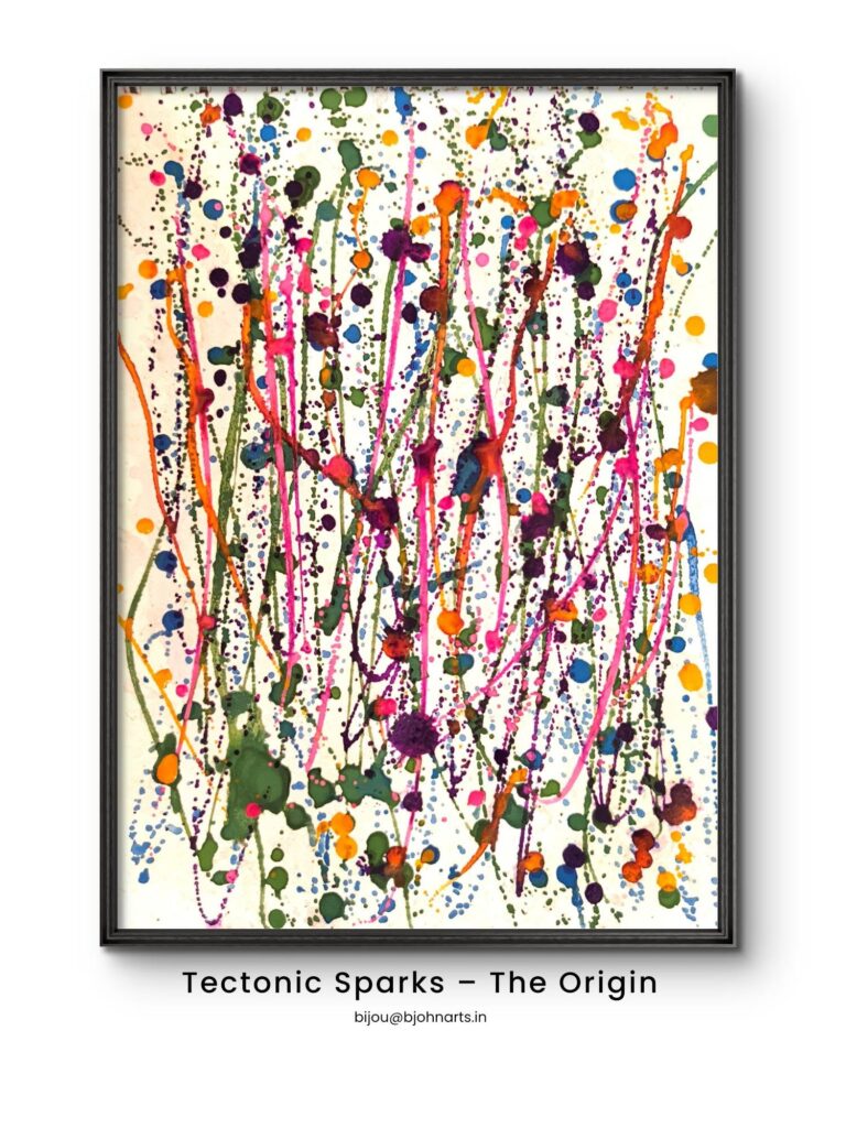 The page where the current series began. Sharp, high-velocity lines and explosive splatters were achieved without a brush —  watercolors were diluted in repurposed measuring cups and loaded into medical syringes, then shot across the page under pressure, forcing fast, raw, unedited movement. Built in two phases with a 24-hour drying period between, this white paper study weaves cobalt blue, orange, purple, and yellow — the exact spark of pressurized energy that pushed the project onto larger black paper. From clinical routine to creative release. Style: Layers of Impulse, Philosophy: Chaos to Order