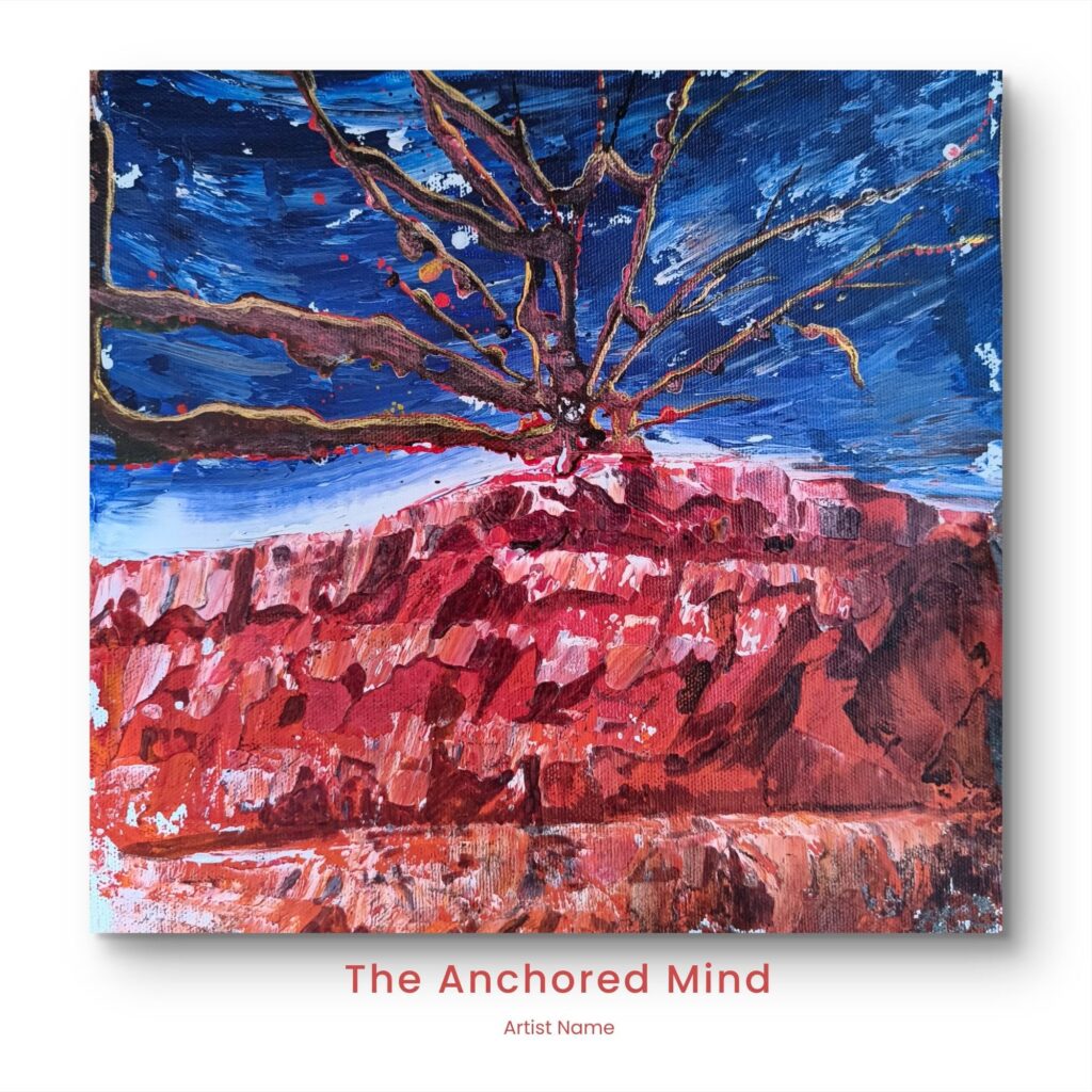 A heavy crimson terrain built with thick, unthinned paint and tectonic palette-knife strokes — representing the dense, fractured layers of experience we all carry. Rising from that ground is a structured form reaching into open sky: an anchor point, and a reminder of our ability to find clarity and quiet strength within the storm.