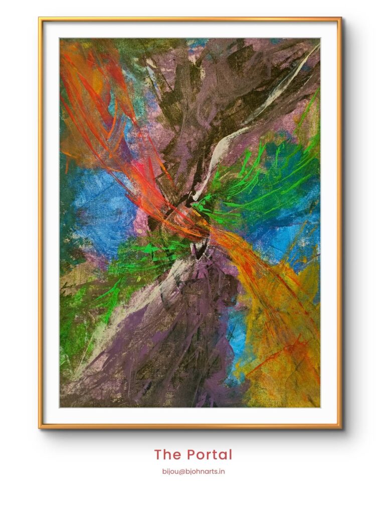 Created during an experimental phase in 2020-2021 and once set aside as too raw, this piece has found new appreciation with time and distance. Vibrant fluorescent orange and red streaks, applied dynamically with a plastic card, sweep across a moody backdrop of deep blues and rich purples — representing a flow of "in and out," connecting internal and external space. An untamed, spontaneous moment rediscovered.
