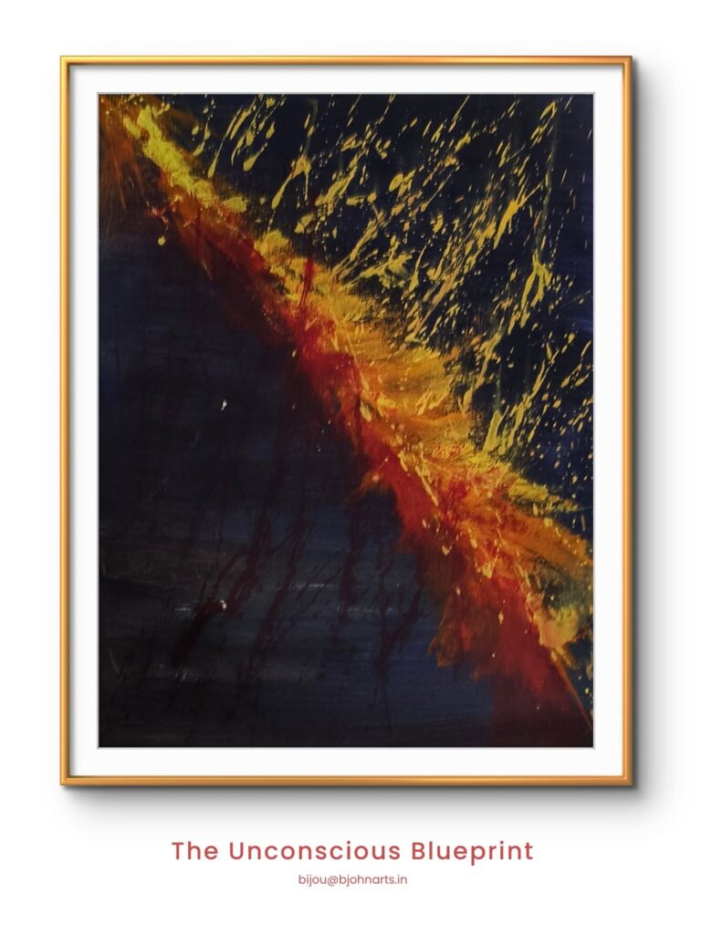 Created five years ago in a state of pure flow, this piece once felt unresolved and was set aside — until a recent return revealed it differently. The diagonal slash of fiery red, orange, and yellow against a deep navy background wasn't random burst, but an unconscious blueprint: the earliest foundation of the "chaos to order" philosophy that now guides the work. A reminder that the subconscious often finds the path before the conscious mind catches up. Style: Layers of Impulse, Philosophy: Chaos to Order