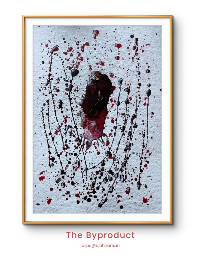 Born entirely from leftover paint — rich crimson, deep burgundy, and black remaining on the palette after a previous session, refused to go to waste. Instinct took over on heavily textured paper with no sketch or forced direction: raw fluid flows, orbital splatters, and high-energy movement pulled straight out of the chaos. Honest energy from a piece never meant to exist.